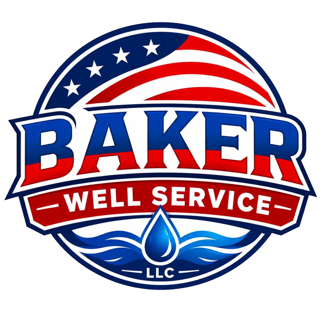 A circular logo with an American flag motif, bold text reading BAKER WELL SERVICE, a blue water droplet with waves below, and LLC beneath the droplet. Red, white, and blue color scheme.